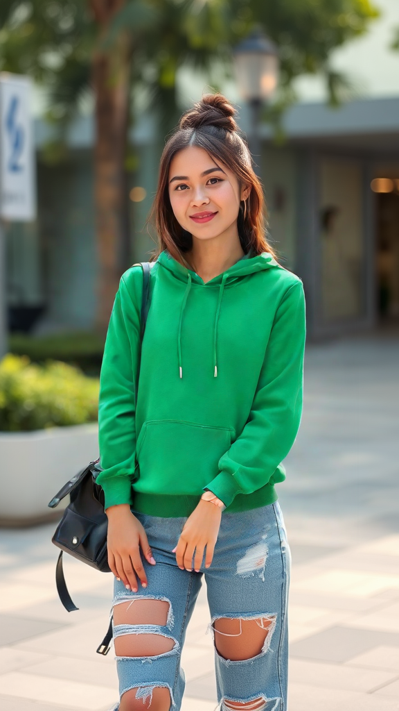 Model after virtual try-on wearing green hoodie